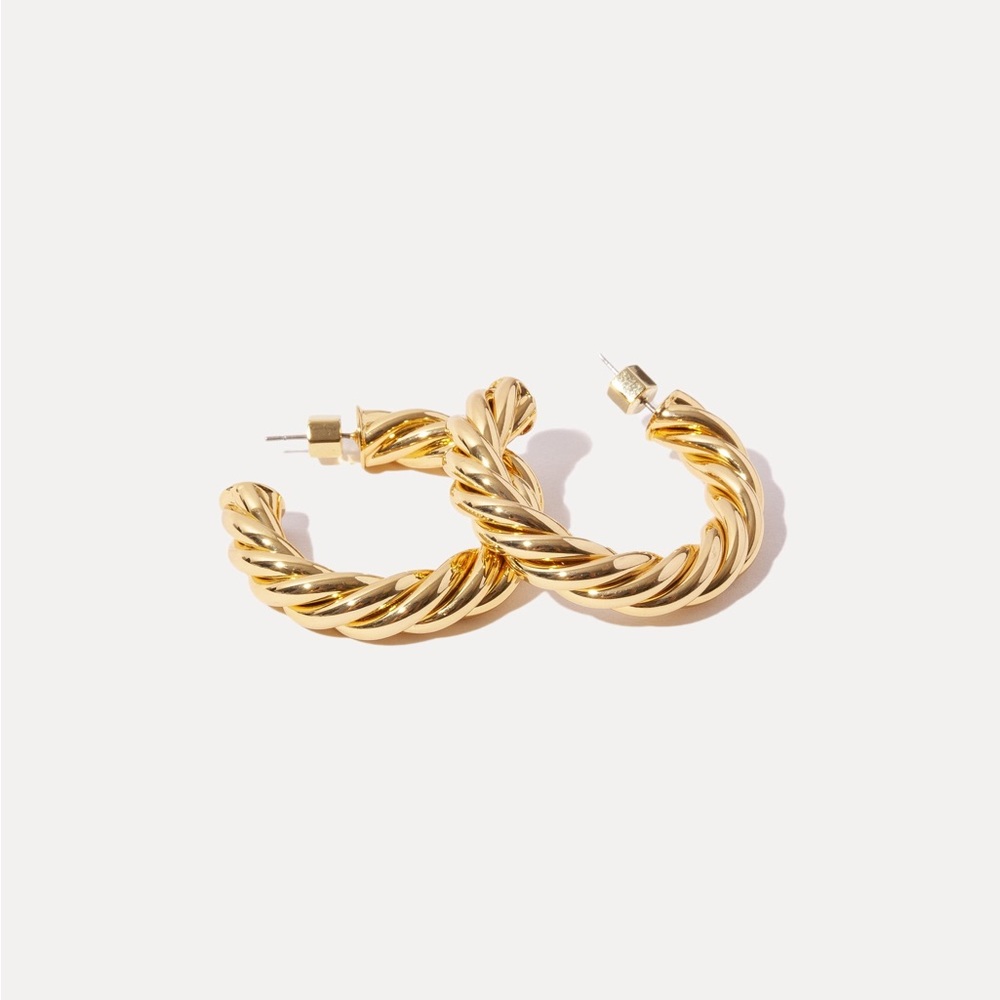 New Chunky 18k Gold Plated Sterling Silver Twisted Push Back Lux Hoop Earrings - Picture 7 of 17